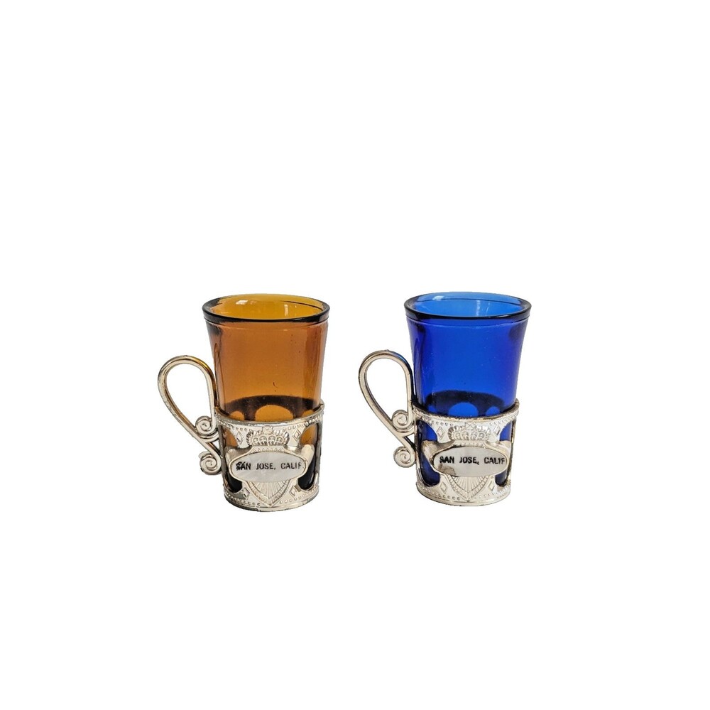 San Jose CA Vintage Souvenir Mini Mugs Shot Glasses Cobalt Amber‎ Mid-Century